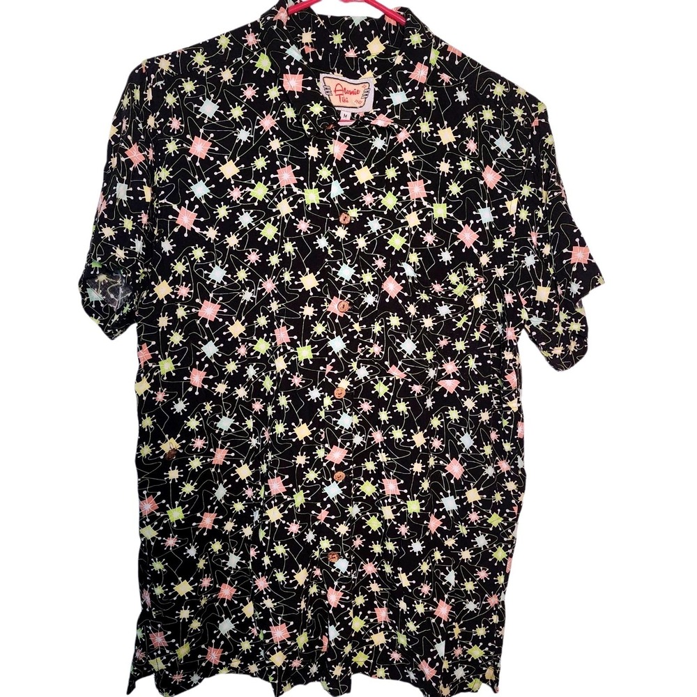 Atomic Tiki Button Up Shirt Mens Medium Black Atomic Age Mid Century Modern MCM